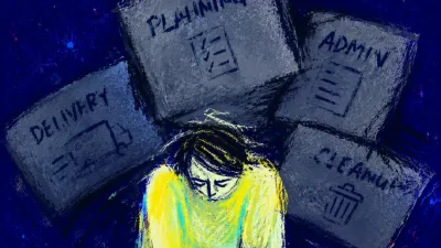 A solitary figure with lowered shoulders beneath overlapping grey panels that press inward across a deep indigo workspace.