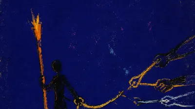 A solitary figure holding a wand and reins as messages and hands pull at the edges of an open path
