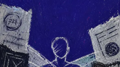 A solitary figure with shoulders pulled inward as surrounding hands press papers, calendars, and lines against the chest