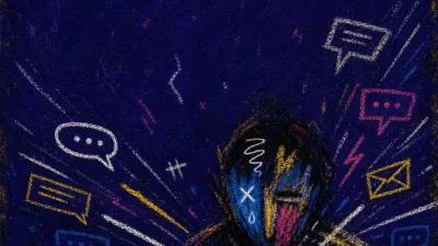 A solitary figure holding a lit phone as message streaks strike the shoulders and hands in deep indigo space