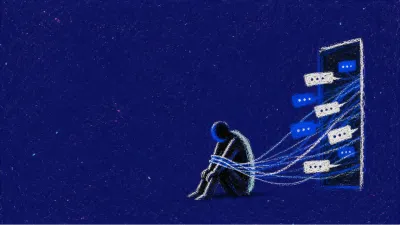 A solitary figure with tucked shoulders as glowing message threads cross a doorway, wrap the wrists, and pull toward a screen