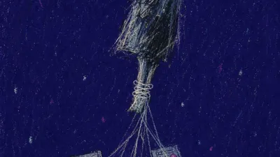 A solitary figure suspended by one ankle above scattered applications, inbox light and calendar grids holding the body still