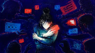 A solitary figure with arms folded across the torso as red message windows and dark silhouettes narrow the indigo space.