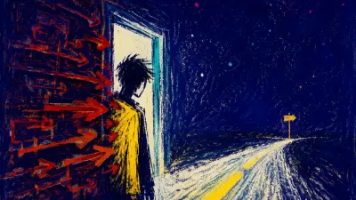 A solitary figure angles beyond a doorway as brick-red route lines settle across the shoulders beside an open indigo road.