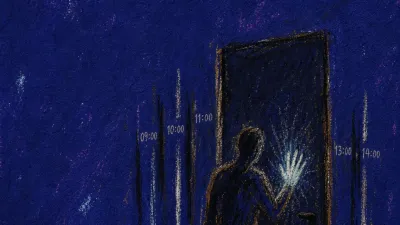 A solitary figure with one palm on a closed door, calendar-like bars crossing the hallway in cold silver light
