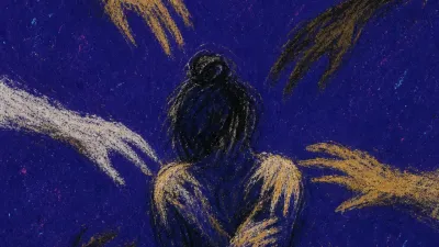 A solitary figure with shoulders drawn inward as reaching hands and glowing messages press in from every side