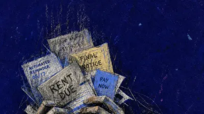 A solitary figure hunched over glowing bills as reminders and rent notices press into both hands in deep indigo space