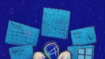 A solitary figure surrounded by overlapping call windows and calendar blocks pressing inward against raised shoulders