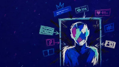 A solitary figure inside a glowing profile frame as floating metrics press inward around the shoulders