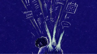 A solitary figure hunched over a desk as extra hands press into the upper back and papers pile in deep indigo space