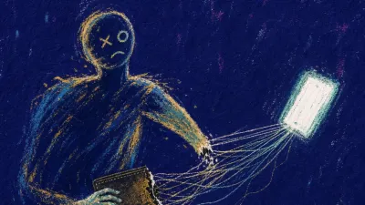 A solitary figure bracing a wallet as messages and open palms pull glowing payment threads from a phone