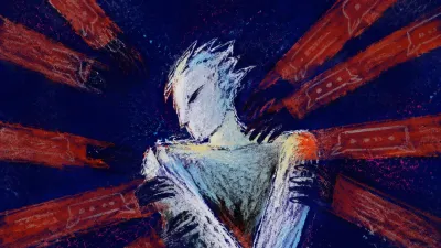 A solitary figure leans back with arms held close as rust-red bands and overlapping shadows press inward from every side.
