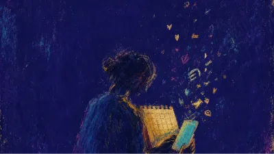 A solitary figure holds a glowing phone and half-open calendar while bright messages fade before reaching solid ground