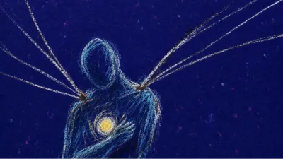 A solitary figure shielding a glowing map dot as outside hands pull tracking lines across their shoulders in deep indigo
