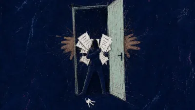 A solitary figure bracing in a narrowing doorway as hands and lease papers press inward against their shoulders