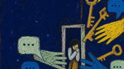 A solitary figure braced in a doorway as hands, keys, and message bubbles press inward through deep indigo space