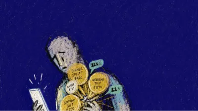 A solitary figure holding a glowing phone as coin-like payment requests press into their chest in deep indigo space