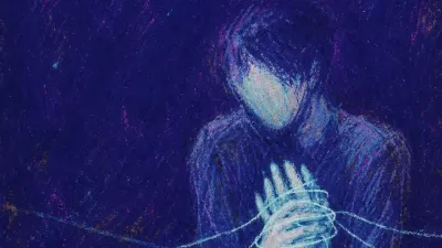 Contact without clear edges A solitary figure with drawn-in shoulders, hands wrapped in glowing message threads that leave pale marks in dark space
