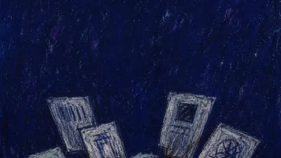 A hunched figure before an open laptop as hovering screens press unfinished pages toward their chest in deep indigo space