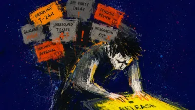 A solitary figure bent over a glowing release board as deadline markers and ticket shapes press into their shoulders