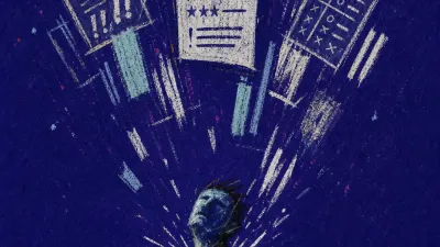 Scored before you can rest A solitary figure with braced shoulders under glowing review panels, score sheets pressing downward in deep indigo space