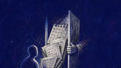 A solitary figure at a high office window, an open door held by one hand as calendars and forms press inward