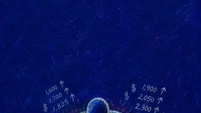 A solitary figure hunched over a glowing rent map as closing doors and rising numbers press inward around the shoulders