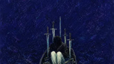 A solitary figure in a small boat, packed bags and upright swords crowding the space as deep indigo water carries it forward