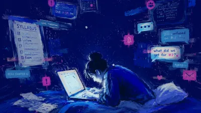 A solitary figure curled over a laptop as pages and message threads cross the room and press into the bed