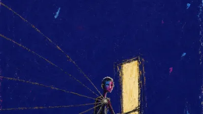 A solitary figure near a lit doorway, held back by invisible strings while a warm circle stays just beyond reach