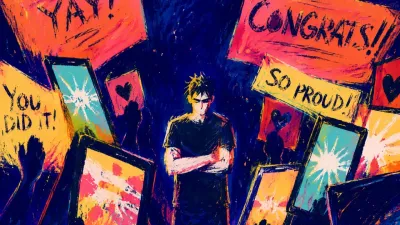 A solitary figure folds both arms across the torso as coral-gold screens and banners crowd a narrowing strip of indigo shade.