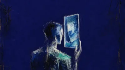 Pinned by the screen A rigid figure facing a glowing screen tile, shoulders raised as blue light frames and pins their reflected face