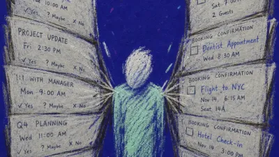 A solitary figure with pinned shoulders inside folding calendar pages, paper edges leaving sharp marks in deep indigo space