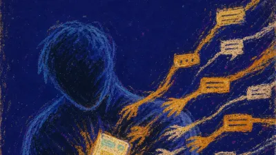 A solitary figure holding a glowing phone as message threads stretch across a boundary line toward the chest
