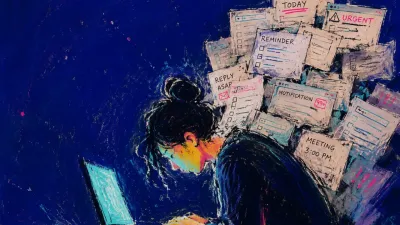 Everything due at once A bent figure at a glowing laptop, paper slips and alert windows piling across the shoulders in deep indigo space