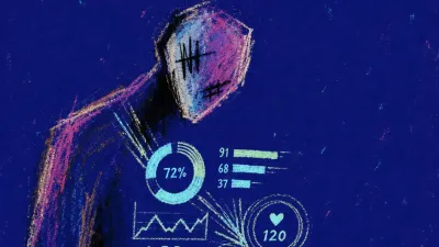 A bent solitary figure surrounded by glowing charts and wearable rings, numbers pressing into the body in deep indigo space