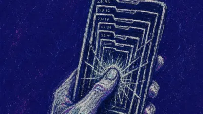 A solitary figure gripping a phone as timestamped screenshot frames press inward, leaving cold marks around the thumb.