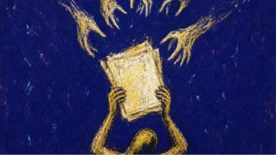 A solitary figure under office spotlights as reaching hands pull glowing papers upward from work held against the chest