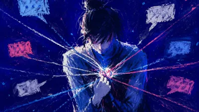 Pulled from every side A solitary figure pulled by several glowing message threads, shoulders drawn inward around a knotted choice in deep indigo