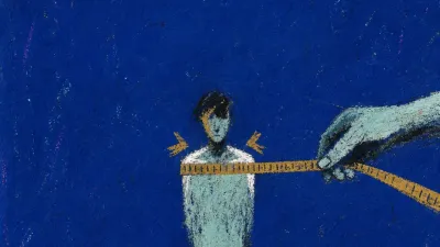 A solitary figure inside a taped rectangle as another hand pulls measuring tape across their shoulders in deep indigo space