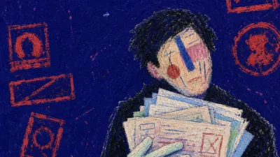 A solitary figure holding documents as red error marks and counter windows press mismatched labels into deep indigo space