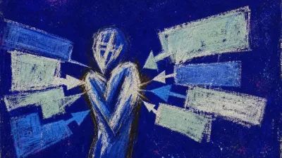 A solitary figure with shoulders drawn inward as translucent profile panels and pointing cursors press labels into the chest