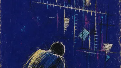 A bent figure over scattered documents while unseen hands shift rulers behind a sealed panel in deep indigo space