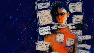 Labels pressing inward A solitary figure behind an office frame, paper labels pressing a narrow outline into the body in deep indigo space