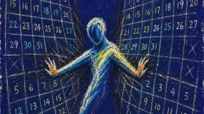A solitary figure pinned between calendar grids, chest and wrists marked by narrow calendar lines in deep indigo space