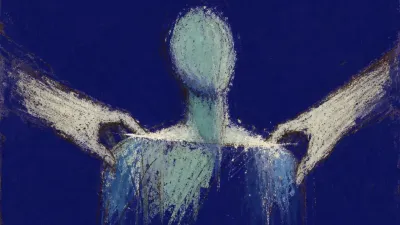A solitary figure with shoulders pinned square by outside hands, photo frames and white glare closing in through indigo space