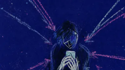 A solitary figure holding a glowing phone close while raised message threads press inward from every side