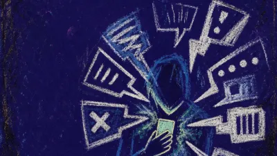 A solitary figure holding a lit phone as message bubbles press inward from every side, white marks cutting through deep indio