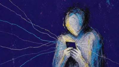 A solitary figure holding a dim phone as thin lines stretch outward like uneven scales in cold silver and deep indigo space