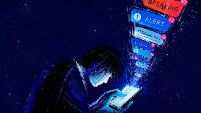 A bent figure holding a glowing phone as stacked alerts pull the thumb upward through deep indigo space